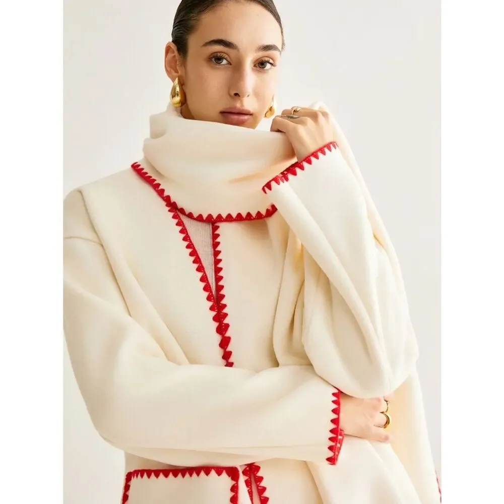 Commense Embroidered Trim Tweed Coat Matching Scarf Two Piece SZ S NEW